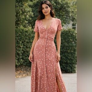 Elegant Pink Polka Dot Maxi Dress
